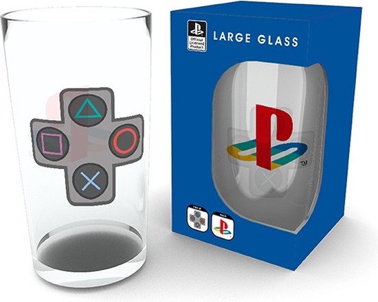 Grote glas met PlayStation controller knoppen, inclusief doos.