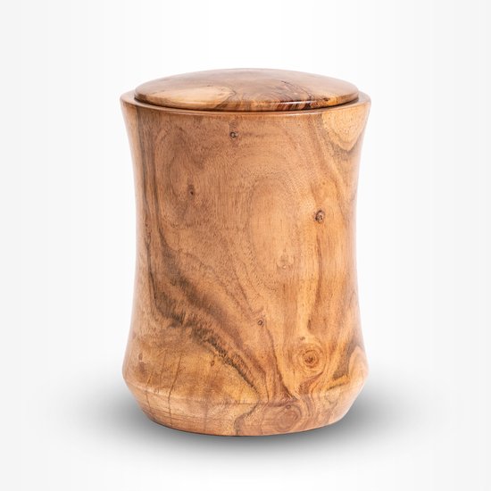 Houten urn met deksel, naturel houtkleur met zichtbare houtnerf.