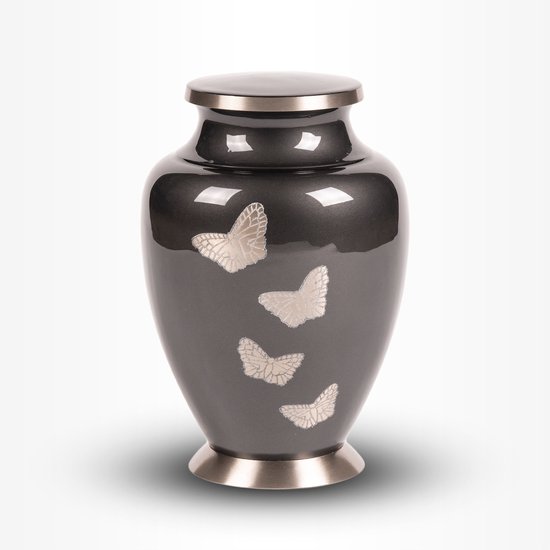Messing Urn Groot 3,7 liter Grijs Zilverkleurig Vlinders - Urn voor Menselijke As - Crematie Urn voor As Volwassenen