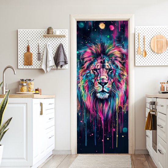 Deurposter 90x205 cm - Deursticker Leeuw - Verf - Kleurrijk - Zwart - Dieren - Meubelfolie zelfklevend - Deurfolie tienerkamer - Interieurfolie kinderkamer - Deur plakfolie - Deurbehang sticker - Kamer decoratie tieners