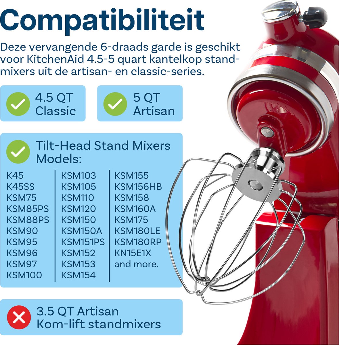 K45WW 6-Draads Garde voor KitchenAid 4.5-5 Quart Tilt-Head Stand Mixers Artisan & Classic Series van MMOBIEL - Roestvrijstalen Opzetstuk Eierklopper - Taart Mayonaise Garde - Vaatwasmachinebestendig thumbnail 2