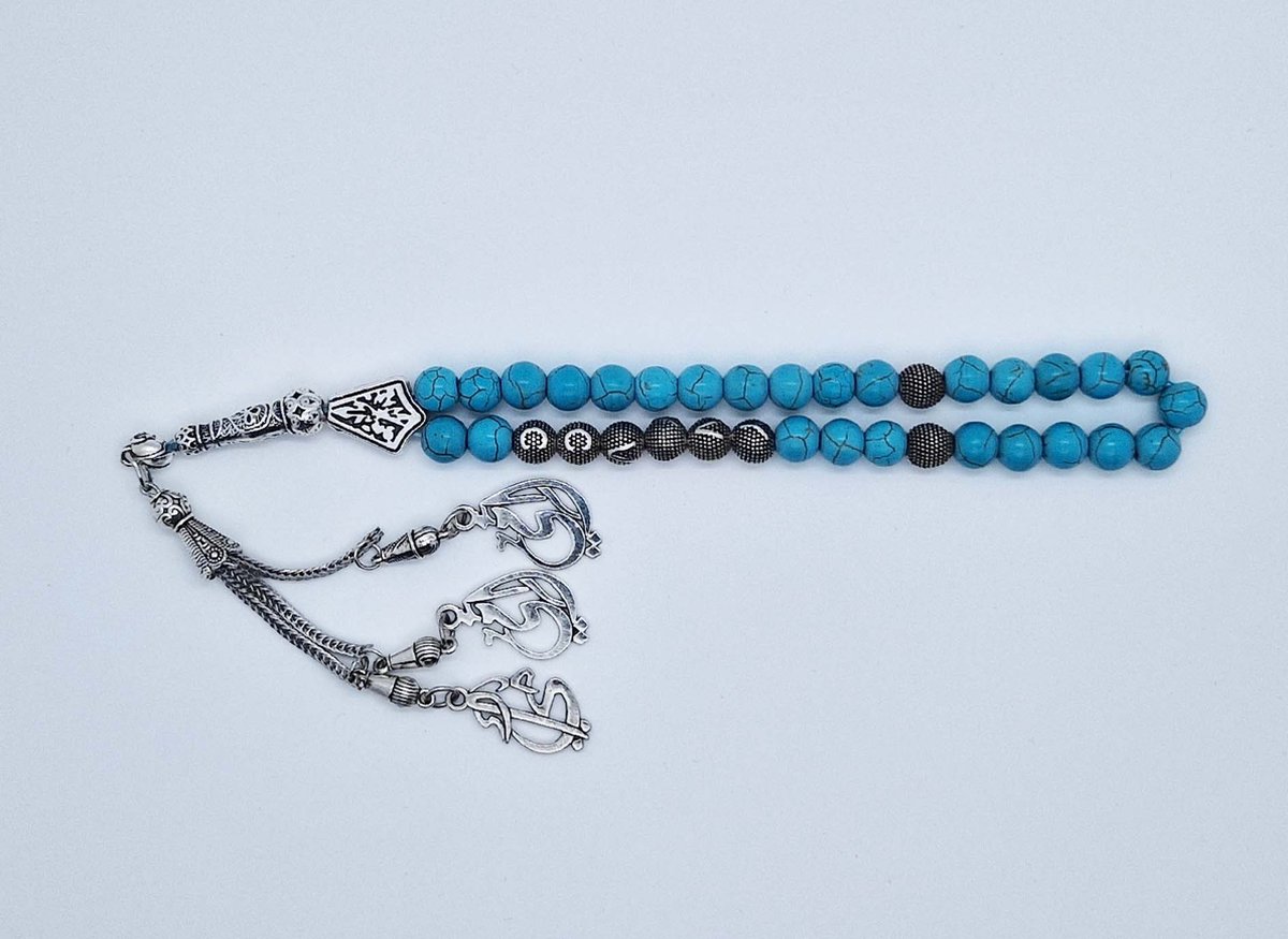Handgemaakte naam tasbih 33 Kralen Natuursteen “Turkoois” - met metaal tassel “Mijn moeder"- Met je naam of de naam van uw geliefde- 8 mm diameter van de korrel