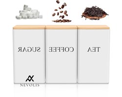 Nevolis 3 Piece Set Tea Coffee Sugar Canisters - Airtight Bamboo Lid - Kitchen Storage Tin Caddy - Favorite Tea Sugar Coffee - 1000ml Metal Container Jars .