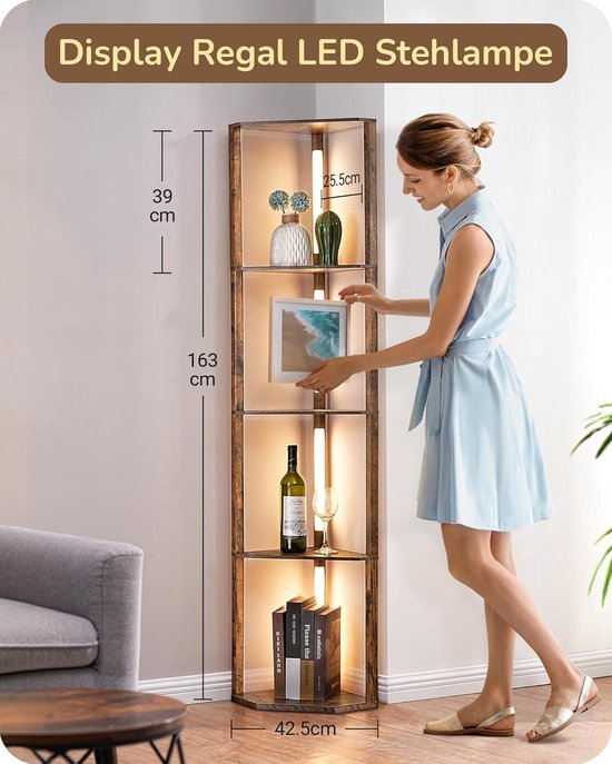 OUTON Statief staande lamp met plank, led-vloerlamp woonkamer met 3