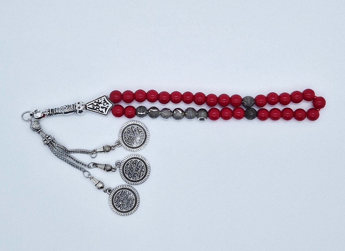 Handgemaakte naam tasbih 33 Kralen Natuursteen “ Bloedkoraal” - met metaal tassel “Constantinopel"- Met je naam of de naam van uw geliefde- 8 mm diameter van de korrel