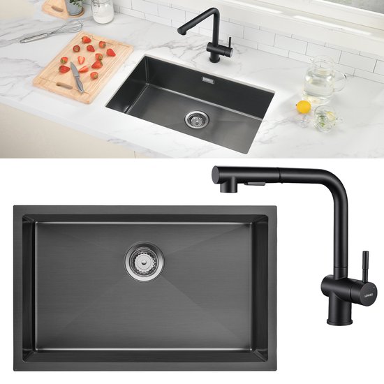Lendo Online Spoelbak voor keuken met keukenkraan met uittrekbare uitloop zeepdispenser - RVS - Roestvrij staal- Wasbak waterafvoersysteem - Gootsteen haken- zilver of zwart (Zilver, 44x44x20cm