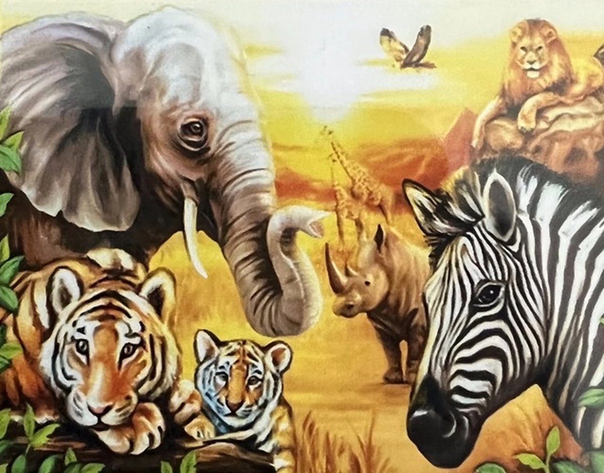 Denza - Diamond painting safari dieren 40 x 50 cm volledige bedrukking ronde steentjes direct leverbaar - olifant tijger zebra neushoorn giraf adelaar