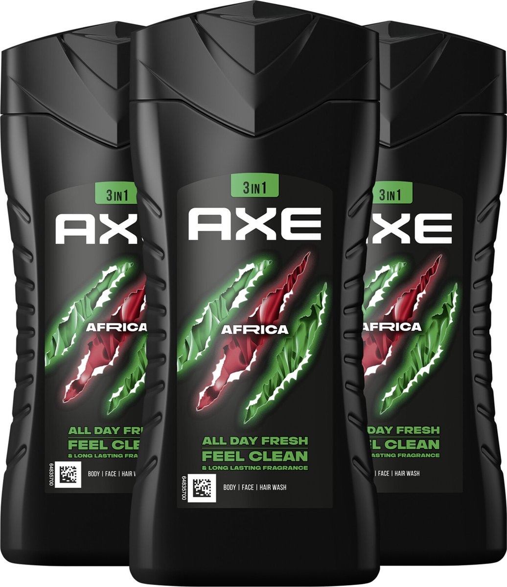 Axe Africa 3-in-1 Douchegel voor lichaam gezicht en haar - 3 x 250 ml - Voordeelverpakking