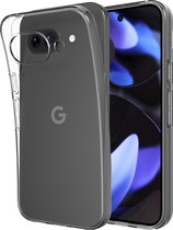 Transparante, flexibele TPU hoes die op een Google Pixel 9a is aangebracht, met de achterkant en zijkant zichtbaar.