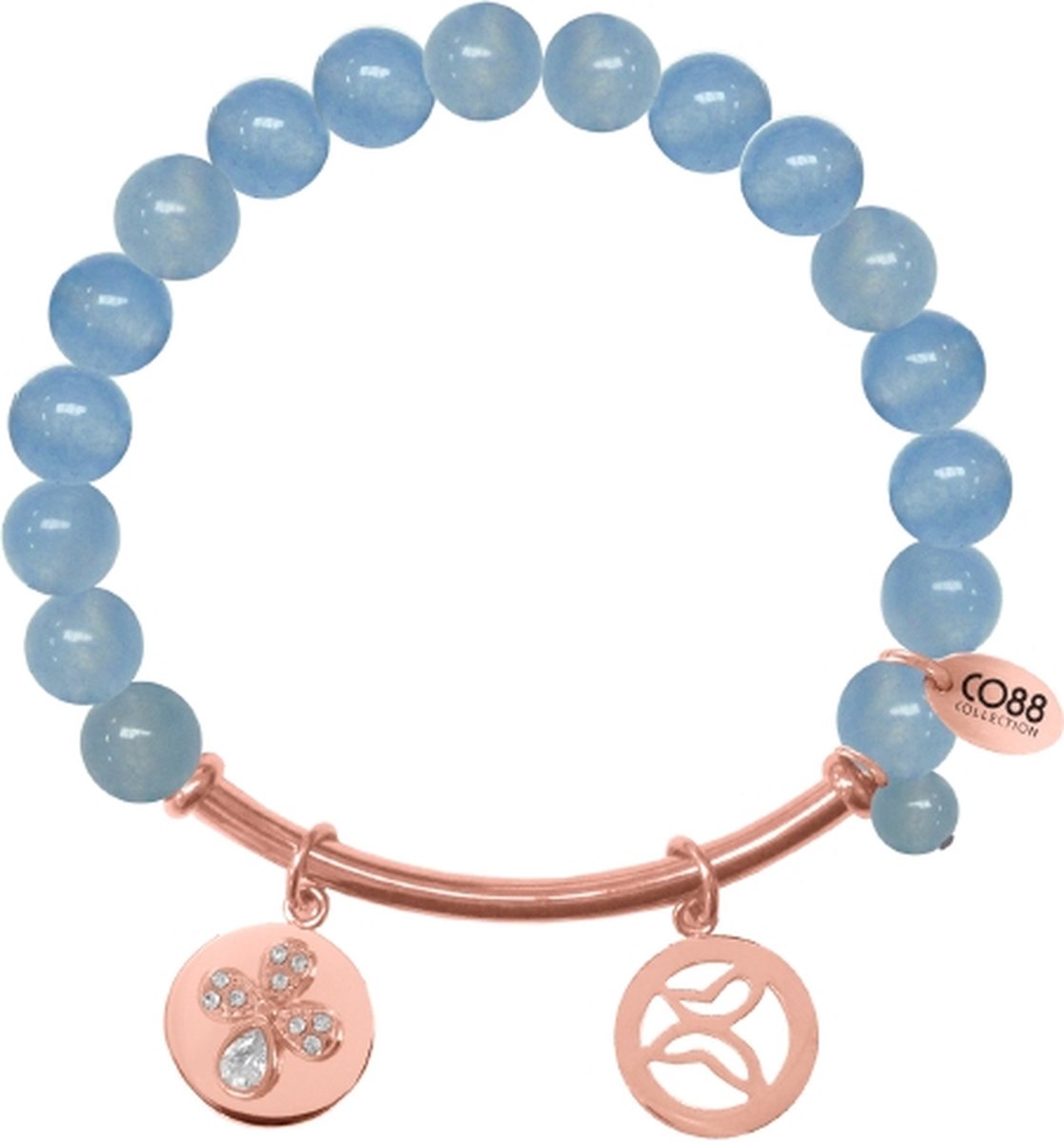 CO88 Collection Beloved 8CB-50004 Rekarmband met Stalen Elementen - Zirkonia Bloem en Vlinder - Jade Natuursteen 8 mm - One-size - Blauw