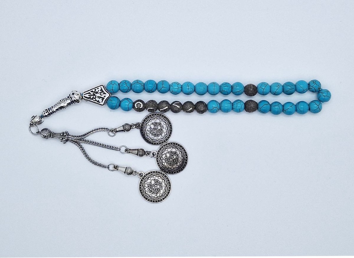 Handgemaakte naam tasbih 33 Kralen Natuursteen “Turkoois” - met metaal tassel “Masha' allah"- Met je naam of de naam van uw geliefde- 8 mm diameter van de korrel