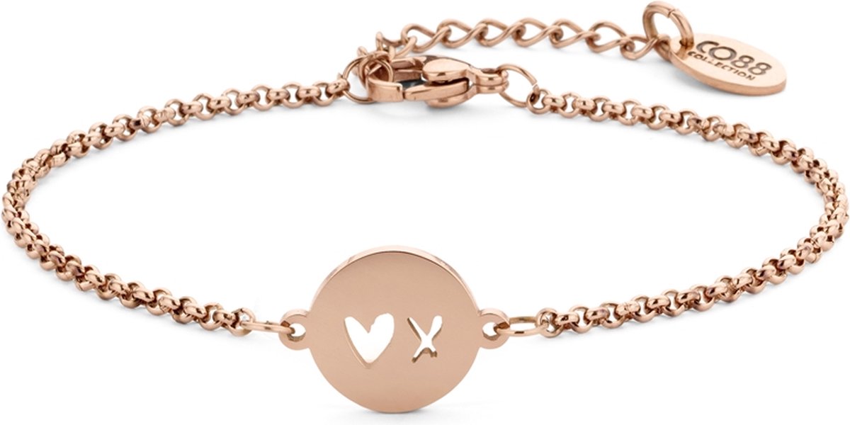 CO88 Collection Inspirational 8CB-90415 Stalen Armband met Hanger - X Heart 10 mm - Lengte 16,5 + 3 cm - Rosékleurig