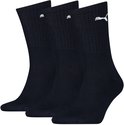 Drie paar PUMA sokken in donkerblauw, elk met een wit PUMA-logo.