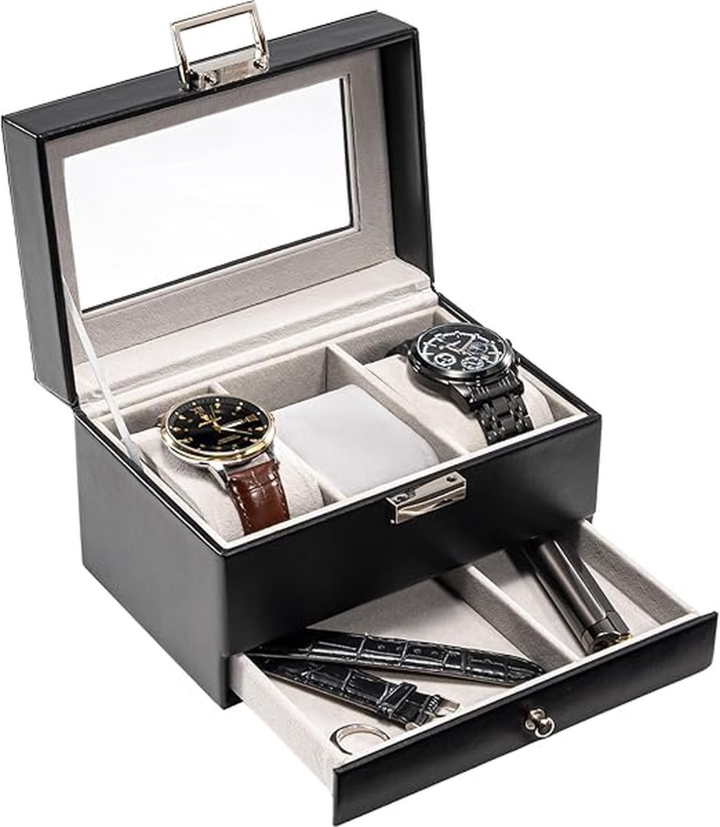 Horlogedoos voor heren, vitrine met 3 vakken met lade, horlogekast voor heren met glazen deksel, 2 lagen opslag voor sieraden en horloges voor dames en heren, 3