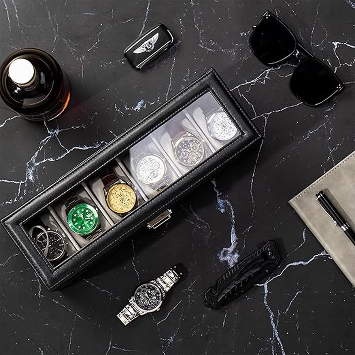Horlogedoos voor heren, 6 vakken met lade, horlogekast voor heren met glazen deksel, 2 lagen opbergruimte voor sieraden en horloges voor dames en heren, 6 vakken