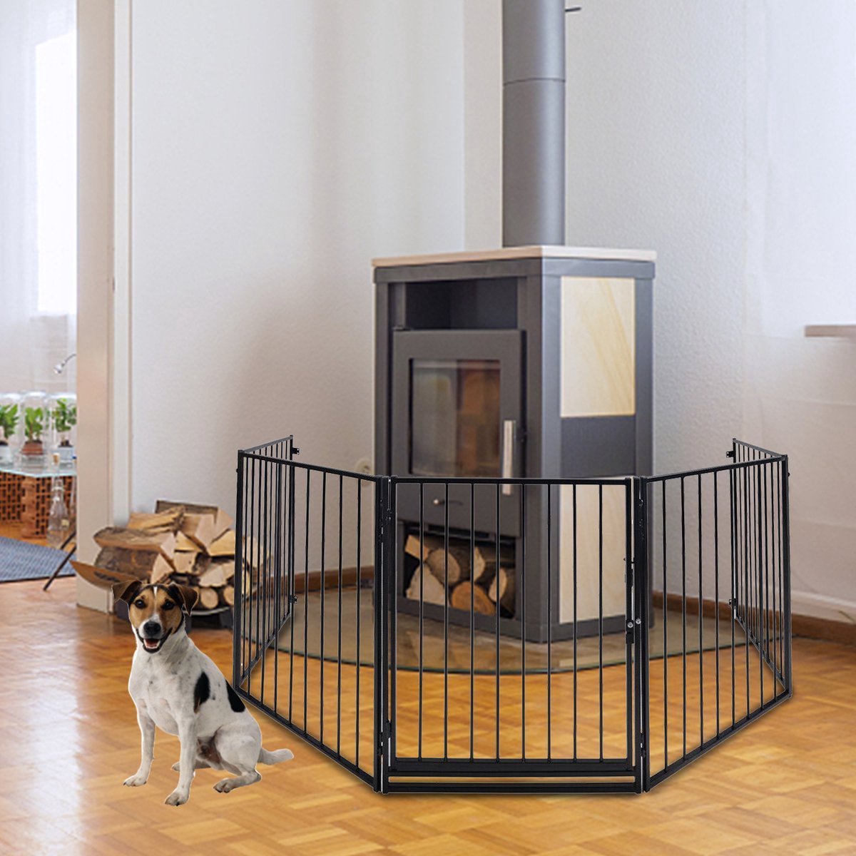 Homesy Veiligheidshekje | Kachelhek | Metalen Schroefhekje | Veiligheidshek Haardscherm - Traphekje - 5 stuks panelenhek - 304cm | Openhaard hek Beschermrooster | met Deur Metalen Kachelbeschermer | Barrier Dierenhek | zwart – foto 3