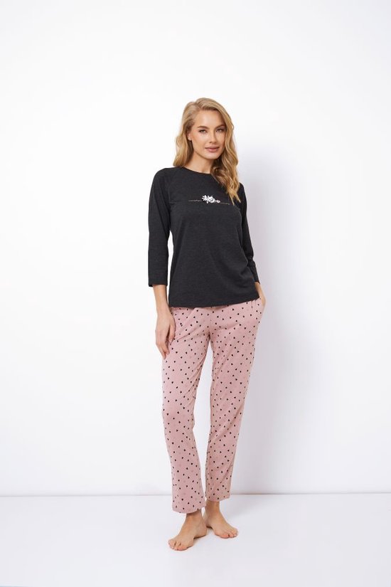 Warme dames pyjama Dionella-top met print-broek met hartjes-katoen & modal-donkergrijs-roze-maat S