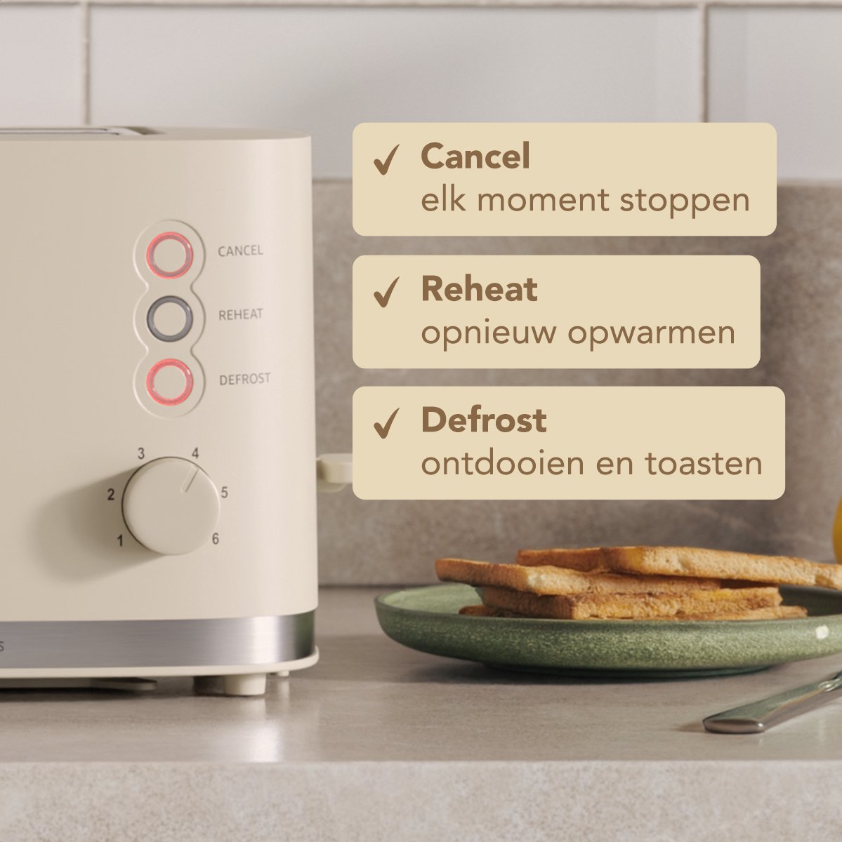 KitchenBrothers Broodrooster - Retro - Toaster - 6 Instelbare Warmteniveaus - 2 Extra Brede Sleuven - BPA-vrij - 870W - Beige thumbnail 5