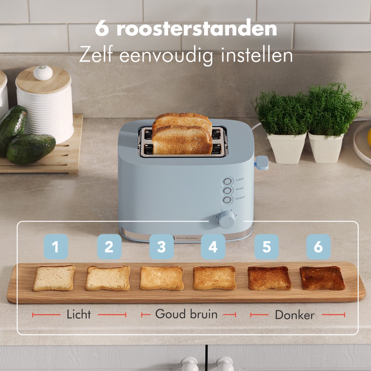 KitchenBrothers Broodrooster - Retro - Toaster - 6 Instelbare Warmteniveaus - 2 Extra Brede Sleuven - BPA-vrij - 870W - Pastel Blauw thumbnail 4