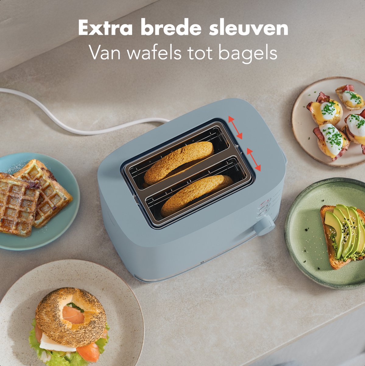 KitchenBrothers Broodrooster - Retro - Toaster - 6 Instelbare Warmteniveaus - 2 Extra Brede Sleuven - BPA-vrij - 870W - Pastel Blauw thumbnail 3