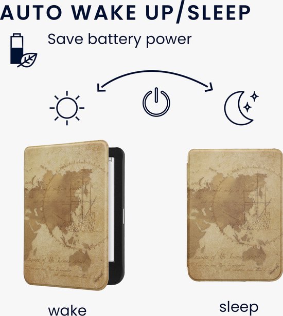 kwmobile e-reader hoesje geschikt voor Kobo Clara BW / Colour hoes - E reader flip case met magnetische sluiting - Ereader cover - Vintage Travel design in bruin / lichtbruin van Merkloos — afbeelding 3