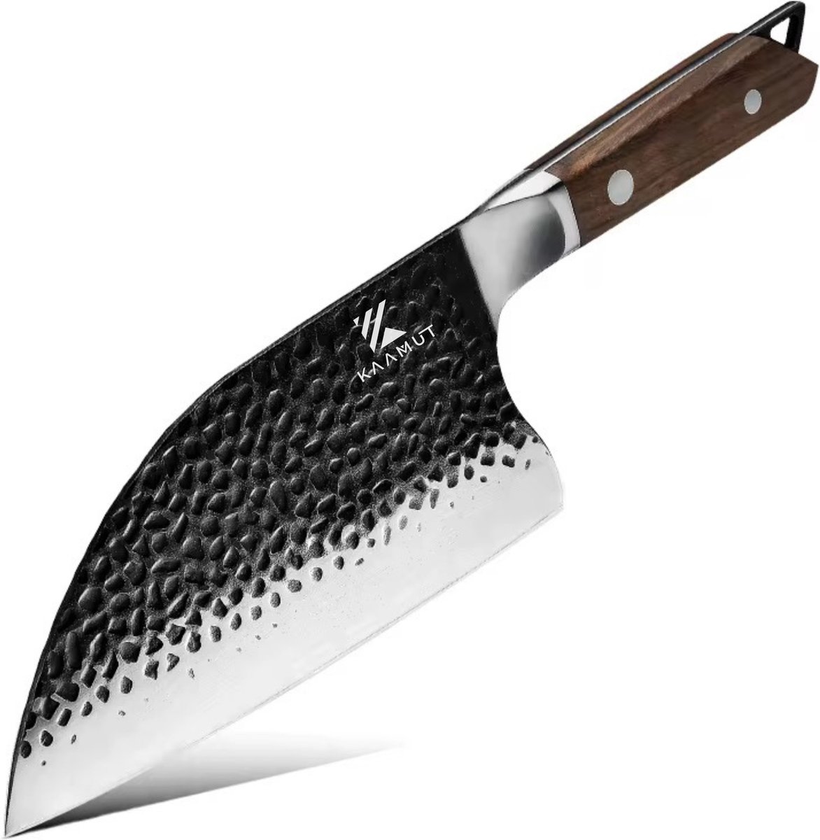 KAAMUT® Hakmes 20 cm Gehamerd Koolstofstaal – Vlijmscherp – Professioneel Slagersmes – BBQ Mes – Zwarte Finish – Massief Houten Handvat