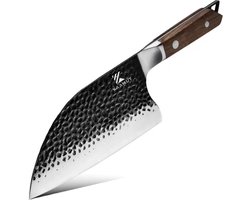 KAAMUT® Hakmes 20 cm Gehamerd Koolstofstaal – Vlijmscherp – Professioneel Slagersmes – BBQ Mes – Zwarte Finish – Massief Houten Handvat