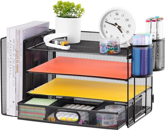 SUPTIDY Mesh bureau-organizer met aktjeshouder, 5-laagse papieren brieventray organizer met tijdschriftenhouder, bureauorganizer en opslag met lade voor kantoorbenodigdheden thuis of school, roze
