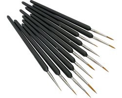 Set van 11 Kwasten - Penselenset - Fine Detail - Penselen Schilderen - Miniatuur - Dunne Kwast - Acquarel, Waterverf, Acryl, Olieverf - zwart - houten - 20cm