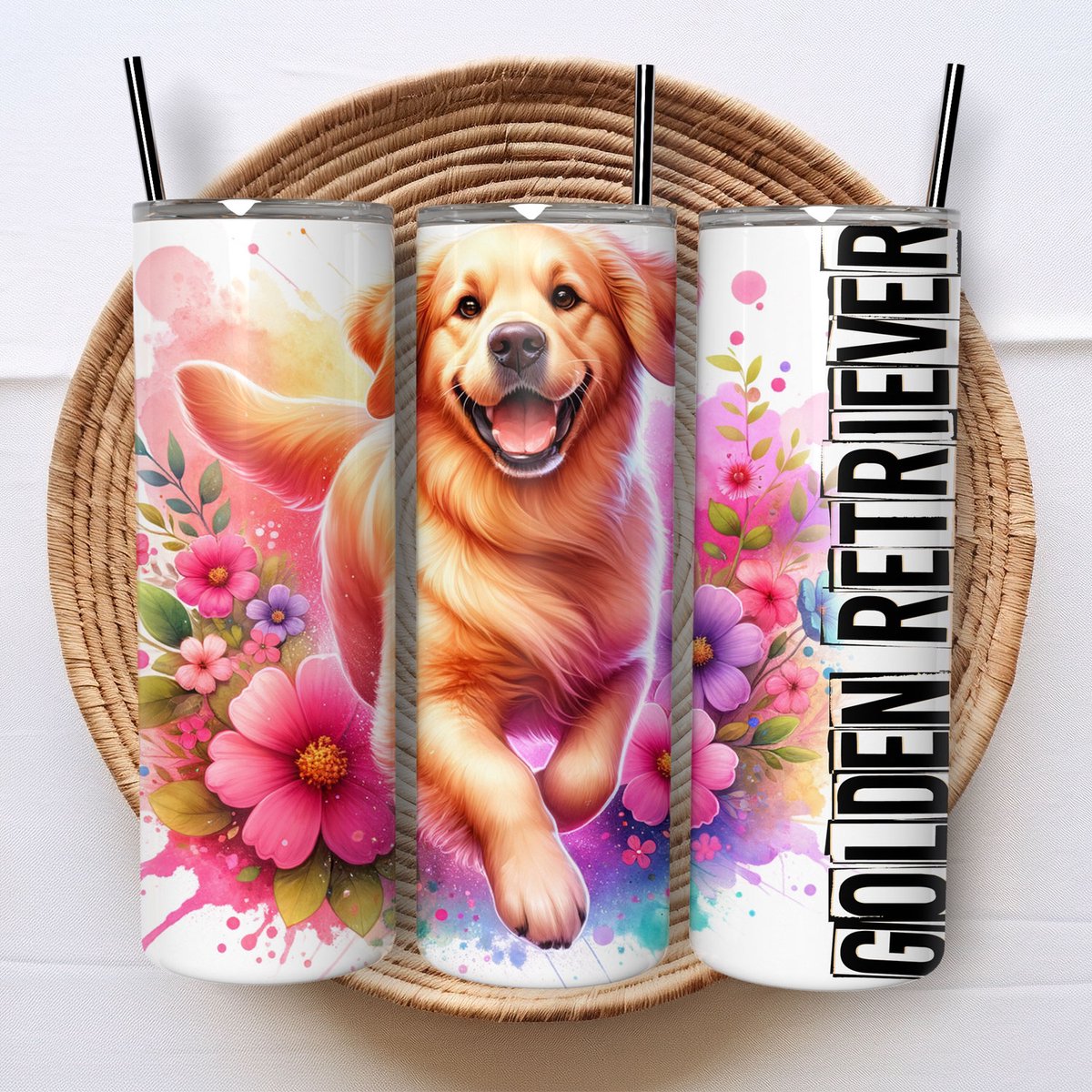 Creasowl® - Golden Retriever - Tumbler - Cadeau honden beker met rietje - Geïsoleerde roestvrijstalen drinkbeker met deksel - Thermosbeker - Thermosfles - Schoolbeker- Cadeau voor hondenliefhebber - Huisdier cadeau - Huisdier Herinnering