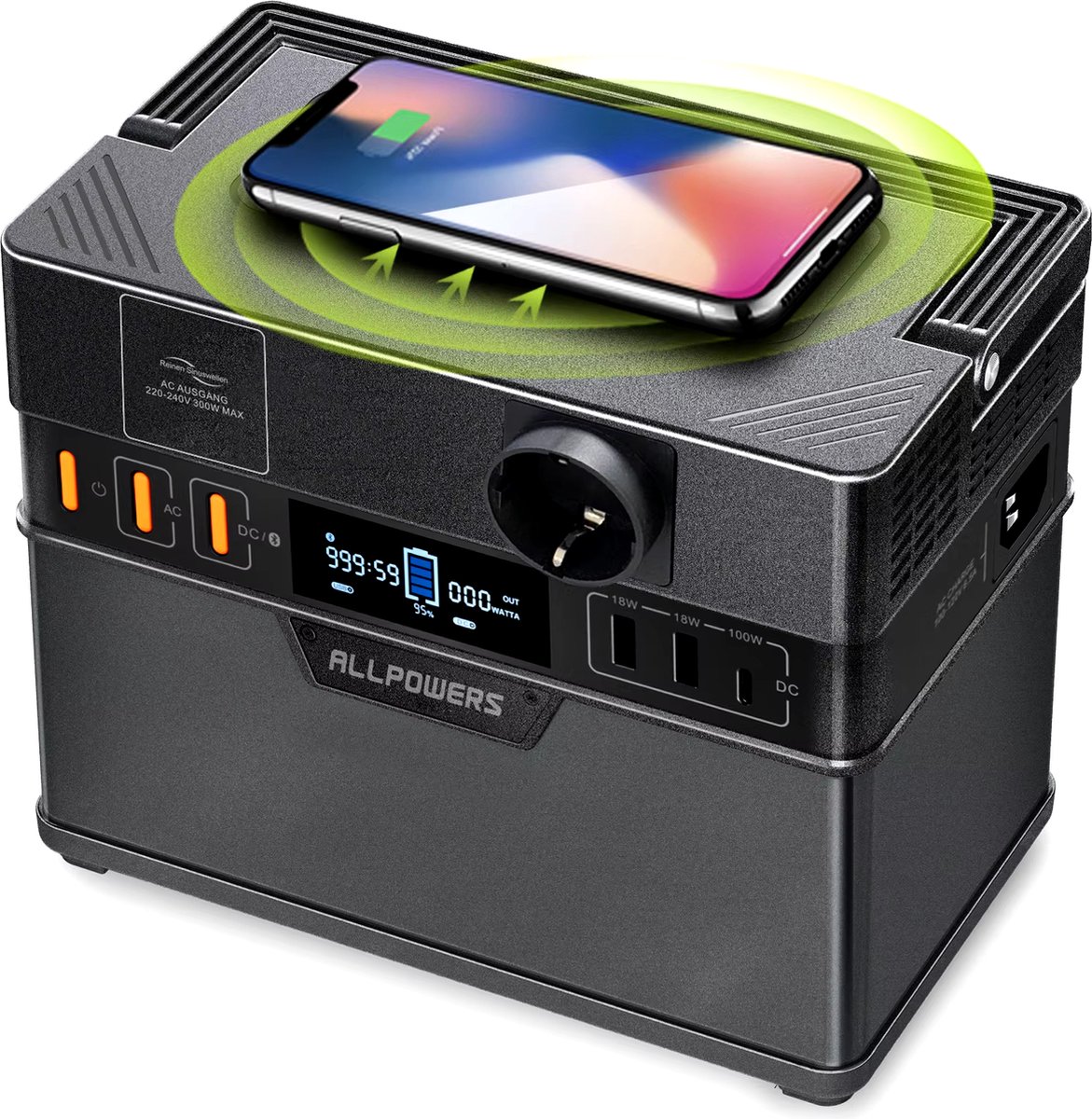 Powerstation - S300 Plus - Draagbare Krachtcentrale - 288Wh Powerstation - Output 300W (500W Piek) - Lithium-Ion - Noodstroomvoorziening - AC 1x, USB, USB-C, DC en Draadloos Opladen - Geschikt voor Kamperen en Reizen
