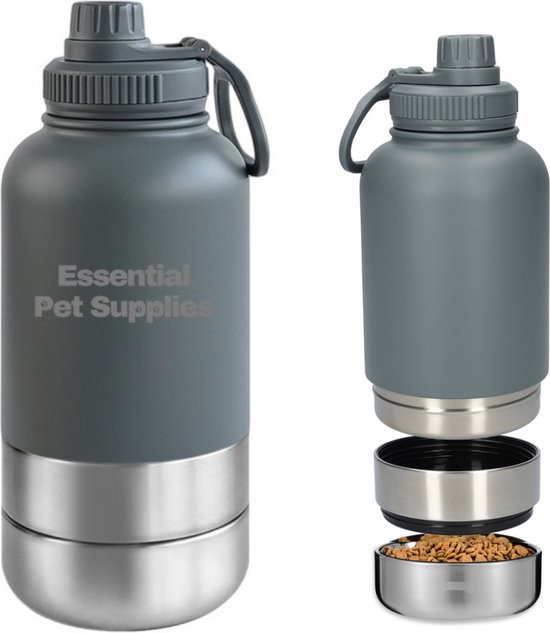 Honden drinkfles | Multifunctionele honden drinkfles onderweg met hondenvoerbak 1000ml Grijs