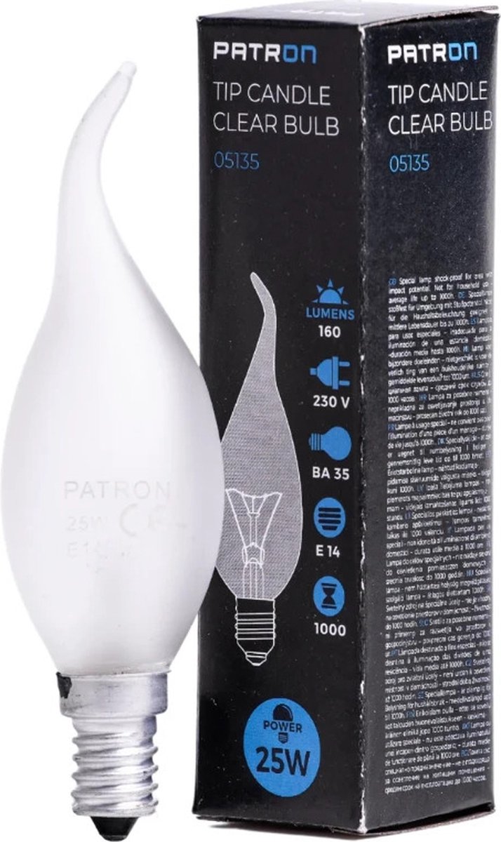 Patron E14 Tip Kaars Gloeilamp | 25W 2700K 160Lm Mat | Dimbaar