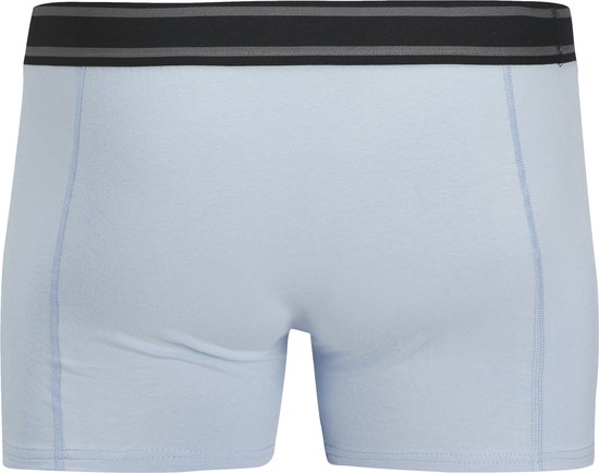 Achterkant lichtblauwe boxershort met zwarte en grijze gestreepte tailleband.
