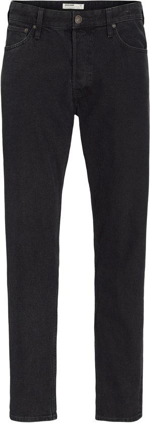 Zwarte jeans met knoopsluiting, gezien vanaf de voorkant.