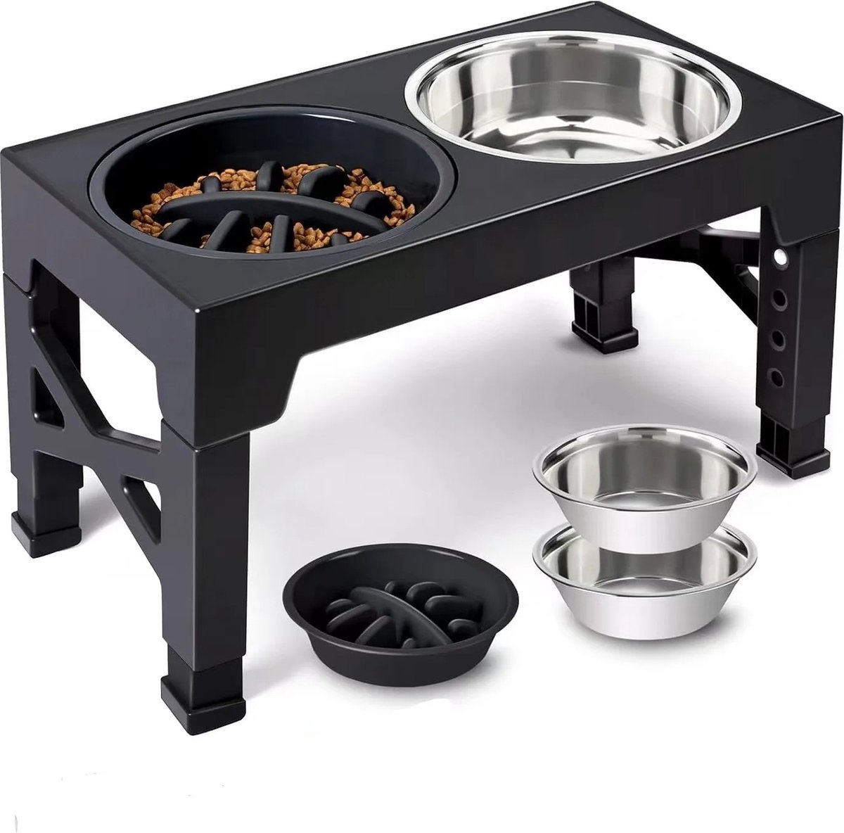 Verhoogde Voerbak Hond - Met Standaard - 5 Hoogtes Verstelbaar - Anti Schrokbak - Slow Feeder - Zwart