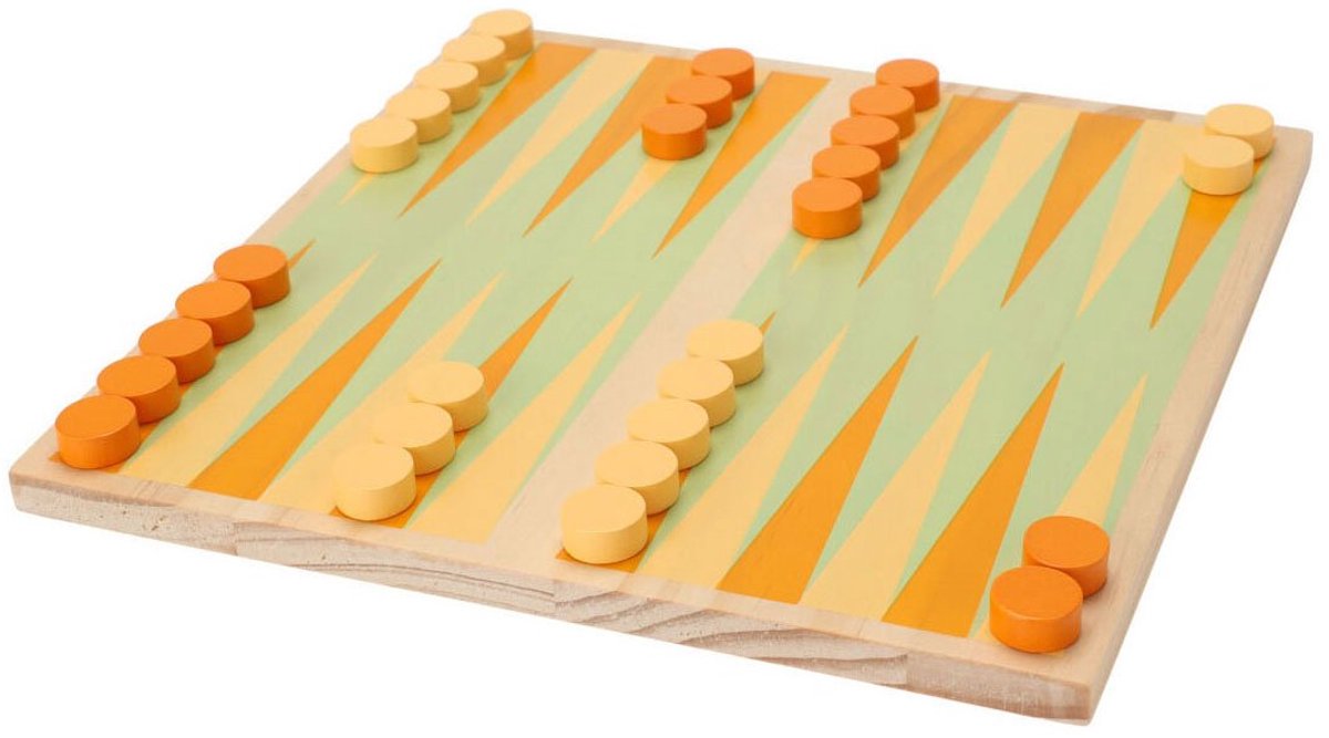 Houten bordspel backgammon reisspel compact formaat 20x20cm.