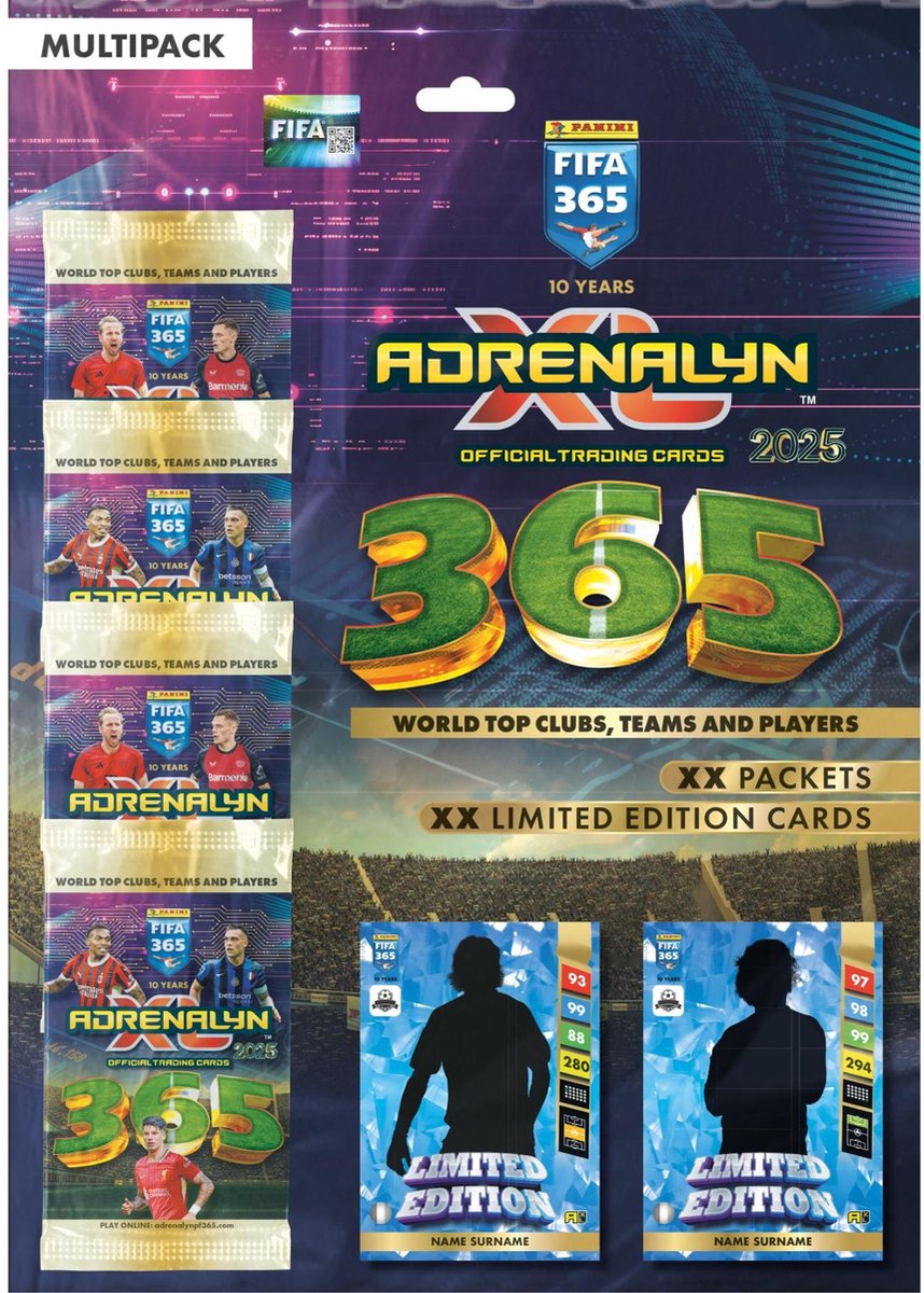 Boîte Métallique Panini FIFA 365 Adrenalyn XL 2026 - 4 Paquets + 2 Cartes édition Limitée, Plus De 300 Joueurs