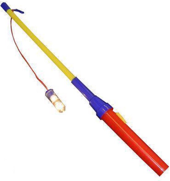 Lampionstok met gele stok, blauwe houder, rood handvat en lichtje. 40cm.