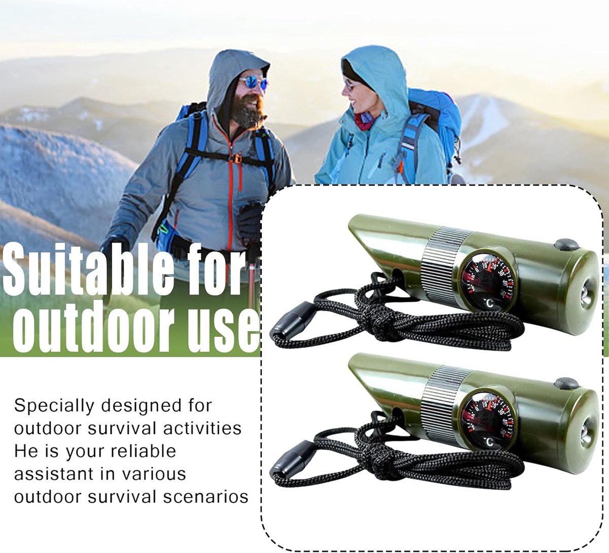 3-in-1 Survivalfluitje Met Kompas En Thermometer - Noodfluitje Voor Camping, Wandelen En Outdoor Avonturen