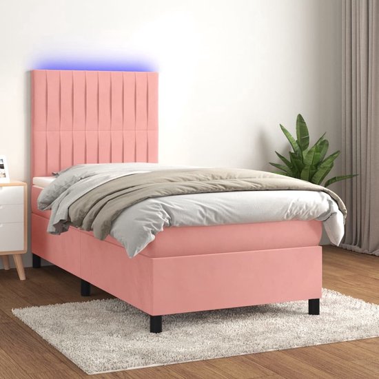 The Living Store Boxspring - Lit en velours rose avec éclairage LED- 203 x 90 x 118/128 cm - Matelas à ressorts ensachés - Surmatelas doux pour la peau - The Living Store