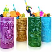 MikaMax Tiki Mugs - Cocktail Glazen - Hawaii – Cocktail Set - Mok - Keramiek- Set van 4 - Vaatwasser bestendig - 330ML