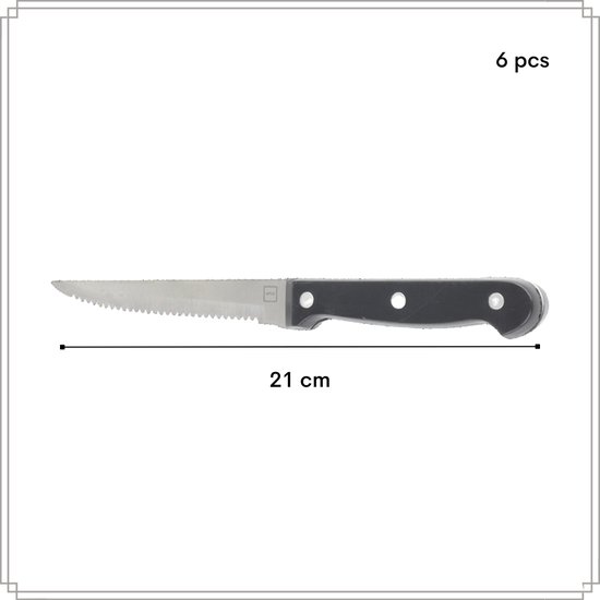 Zwart Otix steakmes van 21 cm met gekarteld lemmet, aangeduid als set van 6 stuks.