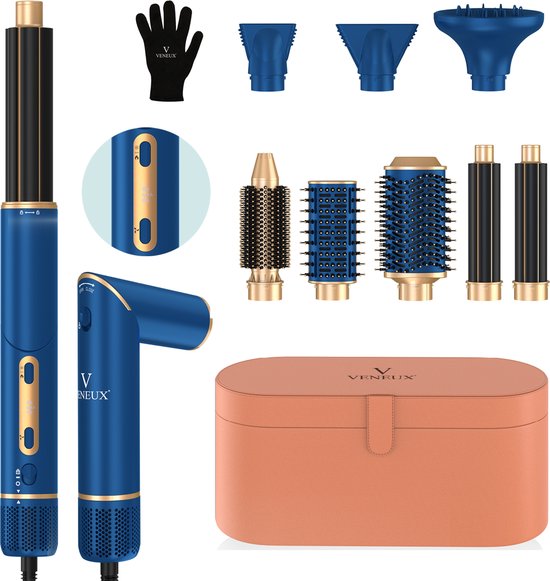 VENEUX® Airstyler 8-1 - Fer à friser - Multistyler - Brosse à friser - Brosse sèche-cheveux - Blauw - Avec étui de rangement
