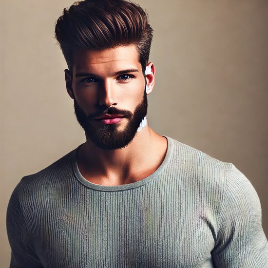 Homme aux cheveux foncés et barbe, yeux bleus, portant un pull à col roulé gris clair.