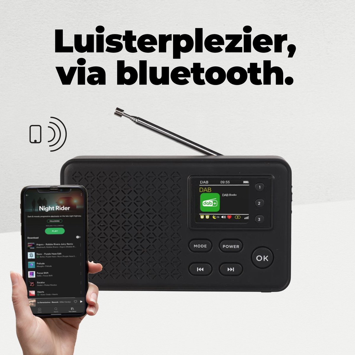 Reflexion TRA23DAB/WH, draagbare FM-radio met DAB/DAB (16 watt) kleurendisplay, werkt op netstroom en batterijen, 40 geheugenlocaties, zwart