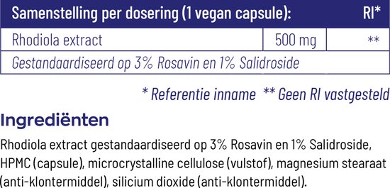 Samenstelling per dosering (1 vegan capsule): Rhodiola extract 500 mg, gestandaardiseerd op 3% Rosavin en 1% Salidroside. Ingrediënten...