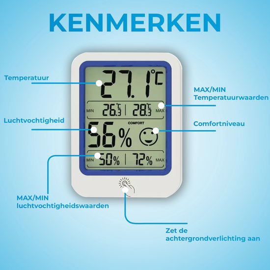 Wit hygrometer met blauwe rand, LCD-scherm toont temperatuur, luchtvochtigheid, min/max waarden en comforticoon. Achtergrondverlichting met aanraakknop.