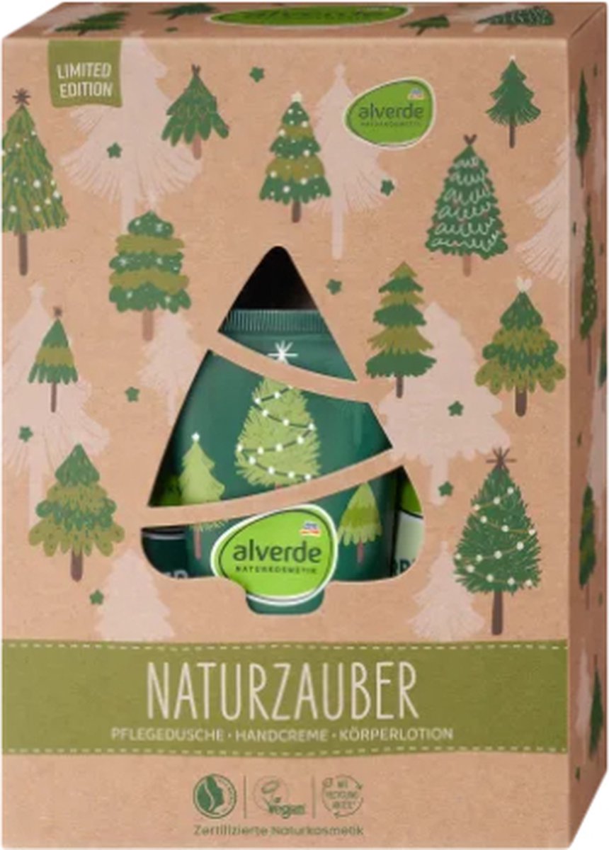 Goedkoopste Kerst Beauty Geschenkset | Natuurschoon - Set van 3 | Alverde Naturkosmetik Douchegel - Handcrème - Bodylotion | Kerstcadeau Beauty - Cadeauverpakking - Kerstgeschenk Verzorgingsproducten