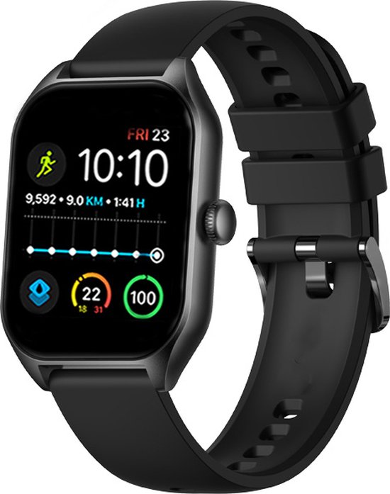 Zwarte smartwatch met zwart bandje, weergeeft tijd, datum, stappen, afstand en calorieën. Fri 23, 10:10.